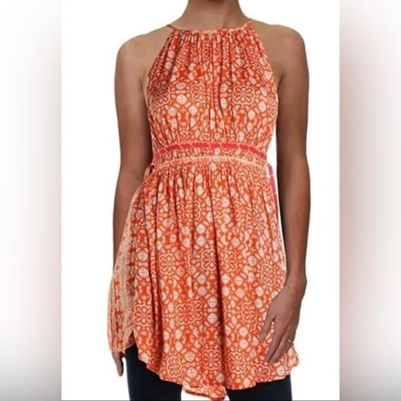 Free People Mid Summers Day Dress Orange Combo Mini Tunic Tie Side Size Large - Picture 2 of 8